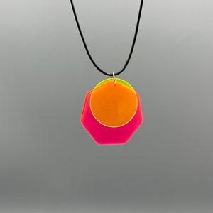 Cord Necklace with Pink&Yellow Neon Acrylic Pendant Half Moon and Star, Hexagon and Circle