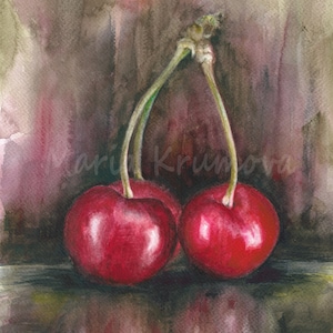 CHERRIES, Watercolor Giclee Print, Watercolor Red Cherries, Cherries Painting, Cherries Wall Hanging, Cherries Kitchen Decor, Cherries Print