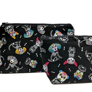 Conjunto de bolsa de maquiagem de caveira de açúcar para cachorro, presente para diabetes tipo 1, bolsa para cachorro Dia de Los Muertos, bolsa com zíper forrada