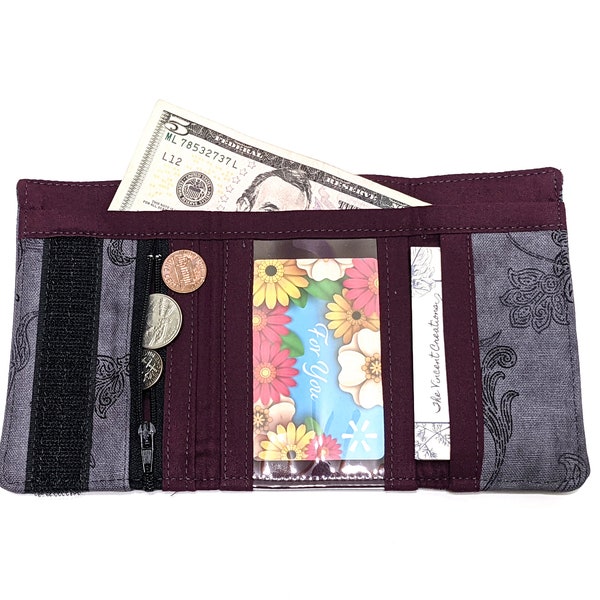 Gray Floral Canvas Wallet, Woman Gift, Women Girl ID Wallet, Vegan Wallet, Cute Cottage Core Wallet, Floral Trifold or BiFold