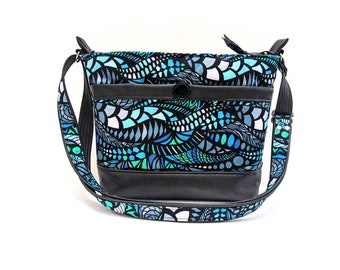 Blue and Green Zentangle Purse with Faux Leather, Crossbody Purse, Designer Inspired Handbag, One of A Kind