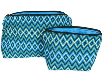 Blue Green Cosmetic Bag Set of Two, Makeup Bag Set, Designer Inspired, Travel Bags, Storage Bags, Accessory Bag Set