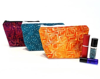 Petite trousse à maquillage, trousse en batik zippée, trousse d'aromathérapie, petite pochette pour accessoires, pochette orange rouge violet sarcelle