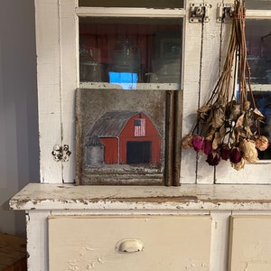 Red Old Barn with American Flag painted on vintage piece of barn metal roofing