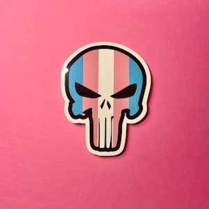 May include: A sticker featuring a skull design with a transgender pride flag color scheme. The skull has black eyes and a white base, with blue, pink, and white stripes across the top. The sticker is on a pink background.