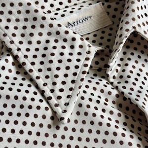 Vintage 70s Cream Polka Dot Button Up Polyester Long Sleeve Shirt - Small