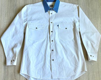 Med/Large - Vintage 90s Express Rider White w/Denim Collar Button Up Shirt