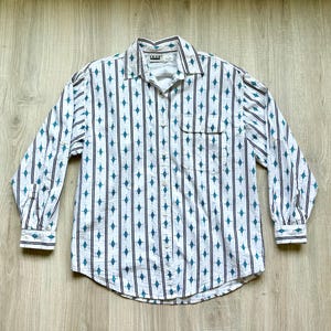 M / L - Vintage 90er Jahre Ilio White & Turquoise Southwestern / Azteken Print Button Up Westernhemd