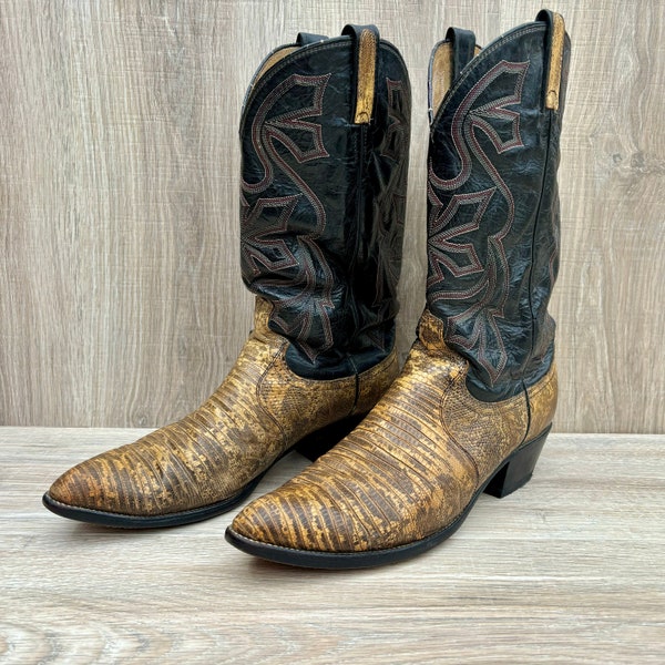 Size 10 Vintage Dan Post Black/Brown Lizard Cowboy Boots