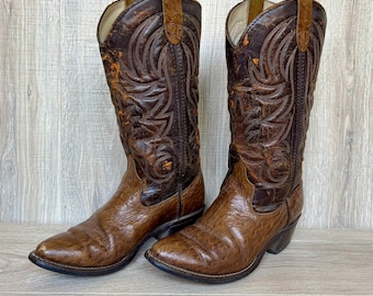 Size 8.5 EE Vintage 80s Westex Faux Ostrich Brown Cowboy Boots