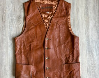 Vintage 70s/80s Congac Brown Leather Western Vest (Size Sm/Med)