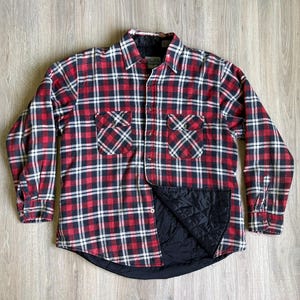 L / XL - Vintage 90er Jahre Outdoor Börse Rot Marine Weiß Kariert Quilt Gefüttert Flanell Button-Up Shirt/Jacket/Shacket