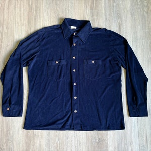 Large - Vintage 70s Montgomery Ward Navy Terry Button Up Shirt