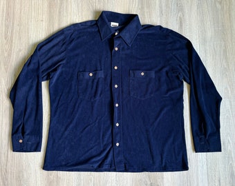 Large - Vintage 70s Montgomery Ward Navy Terry Button Up Shirt