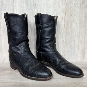Size 7D Justin 3187 Black Leather Bull Hide Roper Cowboy Boots