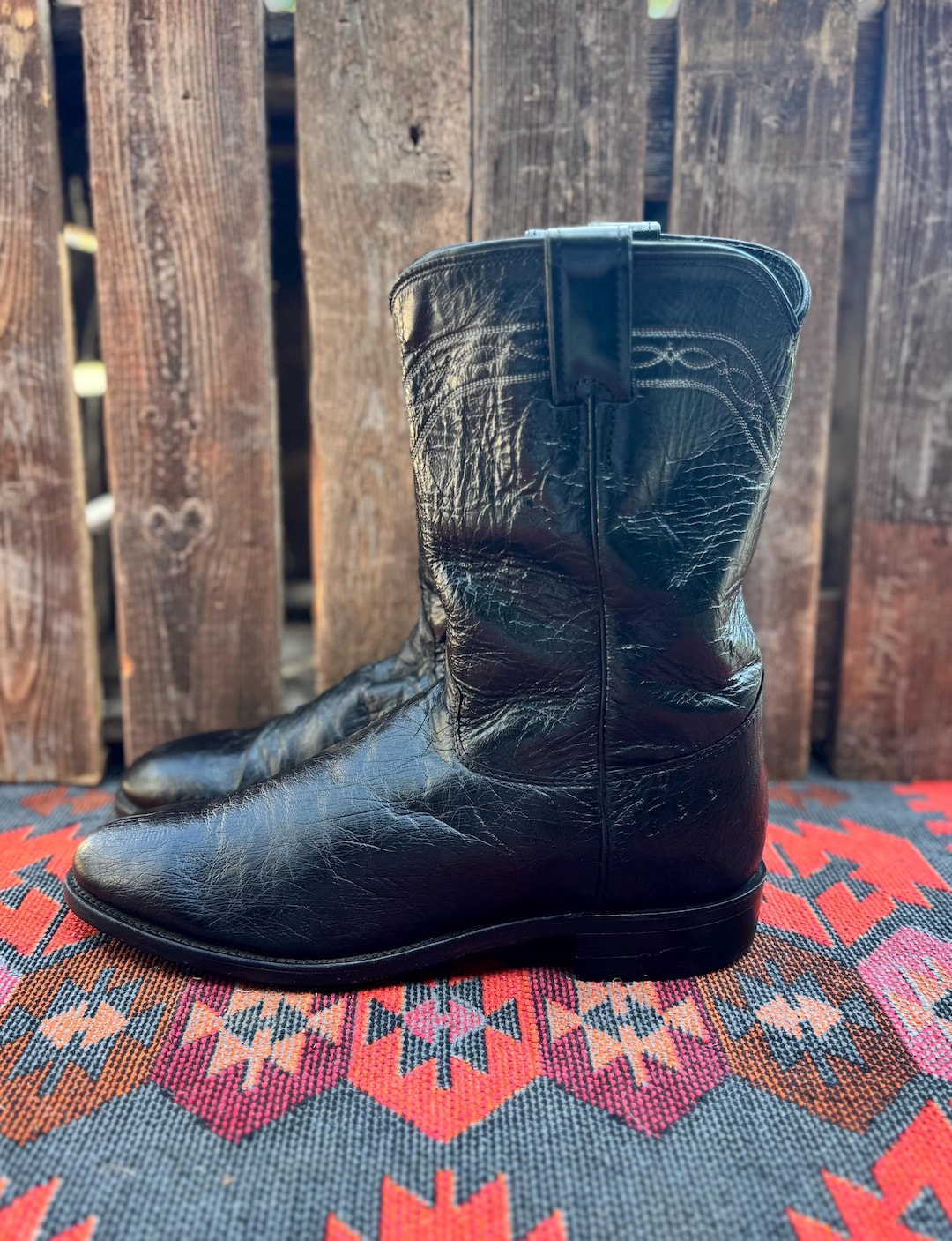 Botas vaqueras de avestruz Justin de piel lisa negra, talla 10D