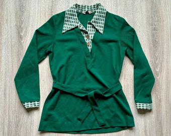 Small - Vintage 70s Green Polyester Leisure Jacket w/Faux Undershirt & Belt