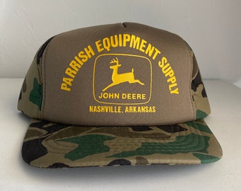 John Deere Vintage Logo Solid Backed Hat with Camo Bill Green John Deere Vintage Logo Solid Backed Hat with Camo Bill Green