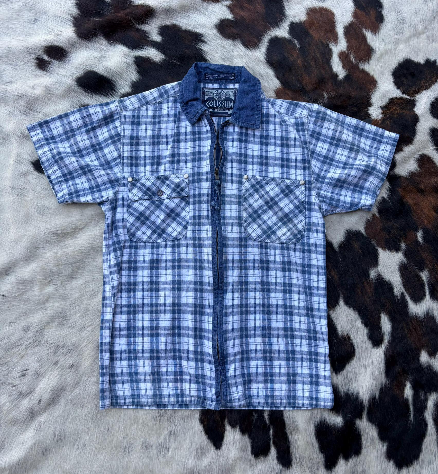 XS/S - Vintage 90s Coliseum Plaid / Denim Zip up Short Sleeve