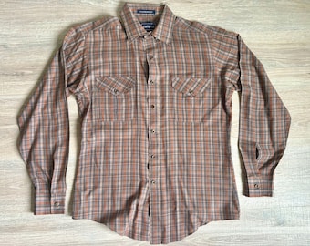 S/M - Vintage 70s Campus Brown/Beige/Blue Plaid Button Up Oxford Dress Shirt