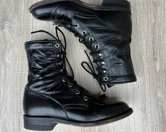 Size 5B Women's Vintage Justin Black Lace Up Roper Boots