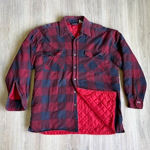 Large - Vintage 90s Premium Rot / Blau Plaid Quilt gefüttertes Flanell Hemd / Jacke / Shacket mit Taschen