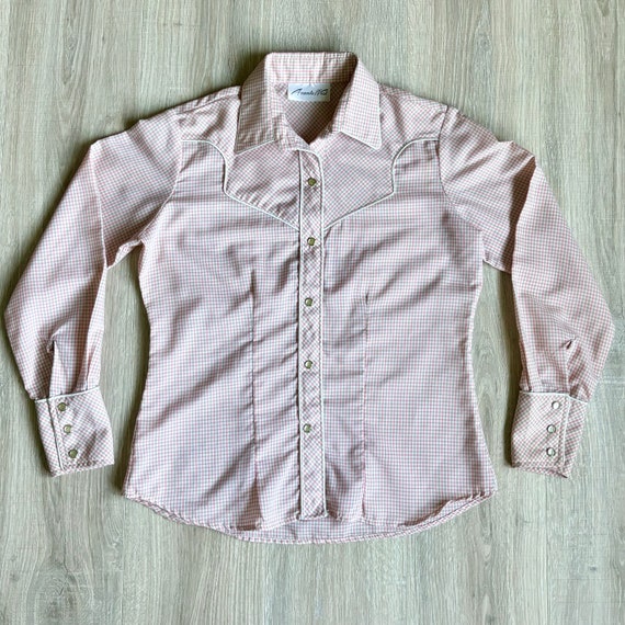 Medium - Vintage 60s/70s Peach Green Pink Plaid T… - image 2