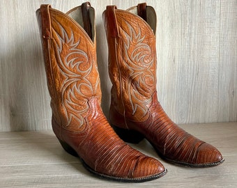 Size 10.5 Vintage Dan Post Burnt Orange Lizard Cowboy Boots