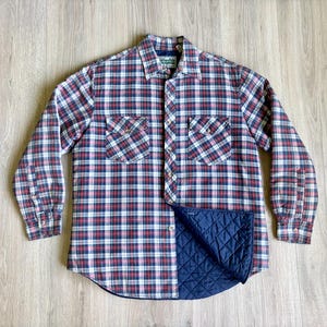 Groß - Vintage 90er Jahre Outdoor Börse Weiß Rot Blau Kariert Quilt Gefüttert Flanell Button-Up Shirt/Jacket/Shacket