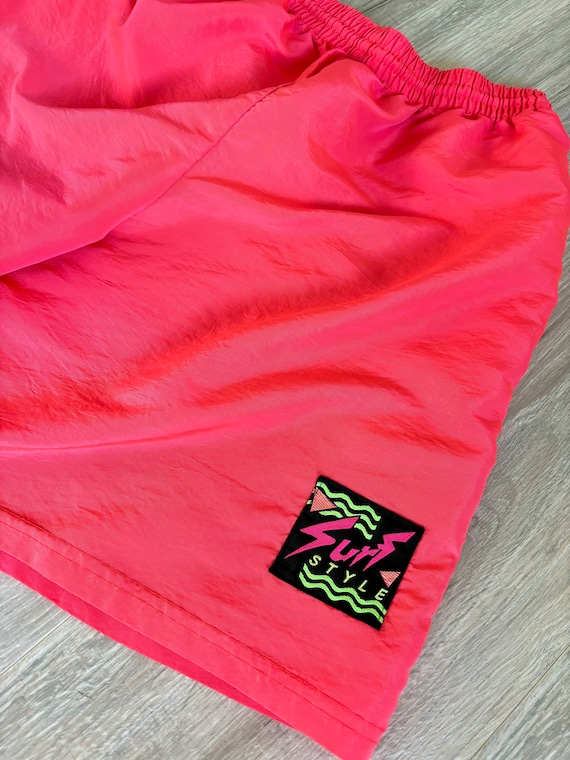 Vintage 90s Neon Pink Surf Style Swim Trunks / Be… - image 2