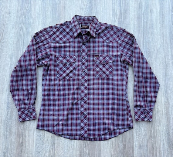 Med/Lrg - Vintage 70s Wrangler Maroon/White Plaid… - image 1