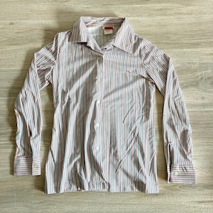 Small - Vintage 80s Striped Business / Secretary / Office Polyester Button Up Shirt