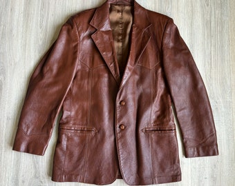 Vintage 80s Chocolate Brown Leather Western Blazer / Sport Coat (Size Medium / 42)