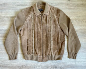 Vintage 80s Beige Suede Zip Up Sweater Jacket (Medium)