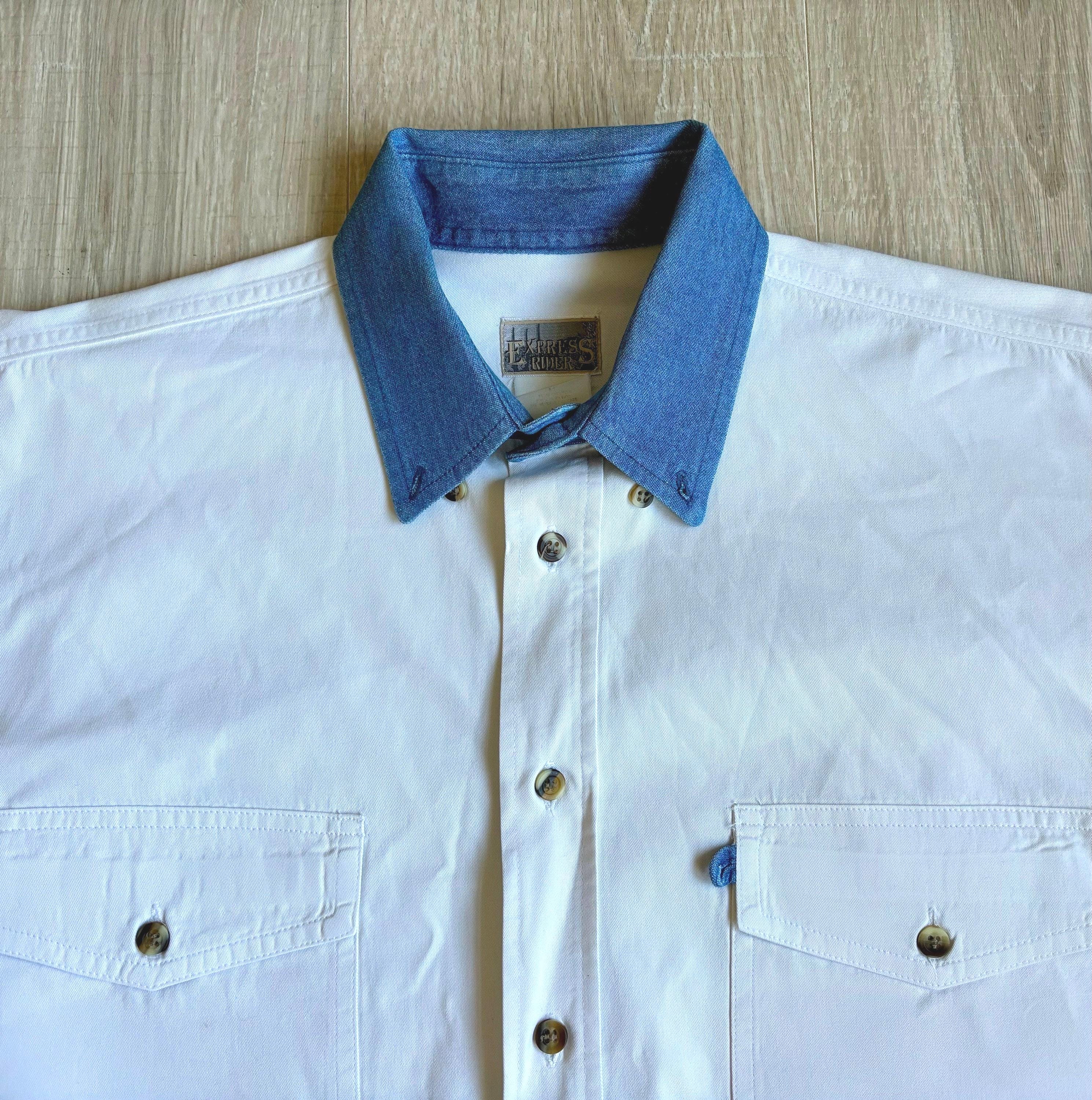 トップス 90s 00s  jeans 100% rayon shirt M 90s Versace Jeans Couture Denim Gold Top Stitching Medusa