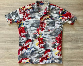 Medium - Vintage 80s Hawaii Blues Floral Hawaiian Button Up Shirt