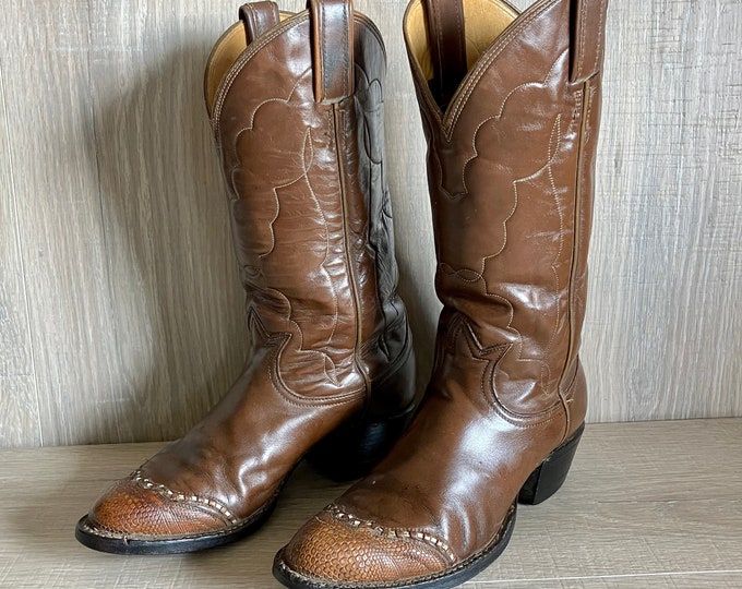 Size 6.5 Women's Vintage Tony Lama Brown Leather w/Snake Tip Cowboy Boots