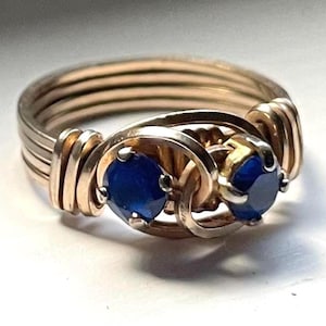 Vintage Costume Jewelry Bypass Style with Blue Stones Artisan Gold Plated Ring