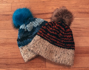 Hand knit winter Pom hats
