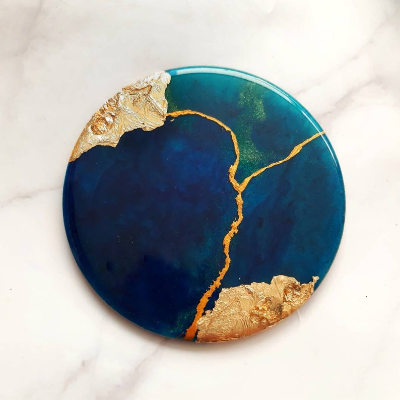Art resin blue and gold coasters set / stunning set of blue Etsy