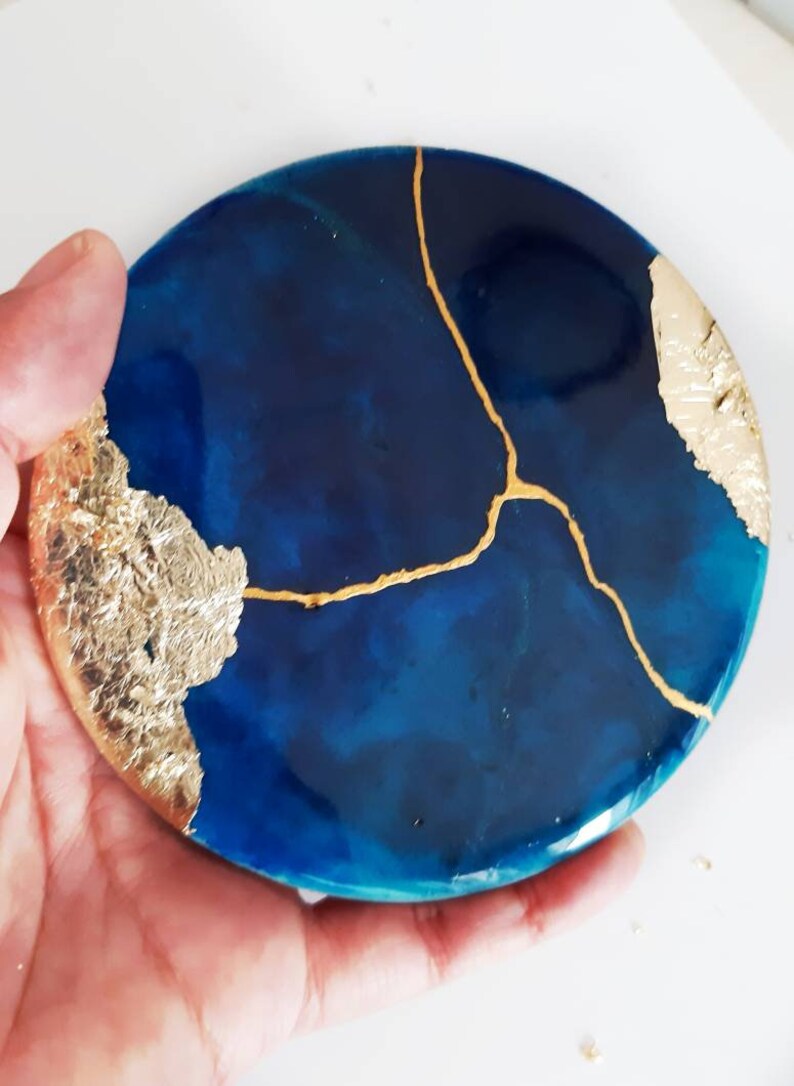 Art resin blue and gold coasters set / stunning set of blue Etsy