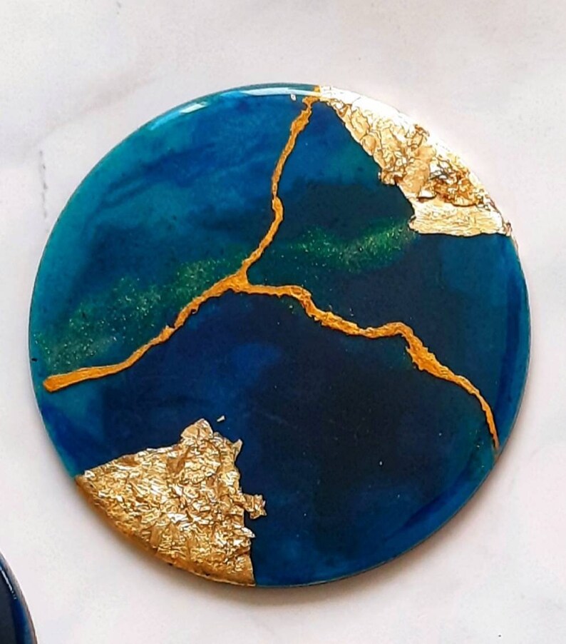 Art resin blue and gold coasters set / stunning set of blue Etsy