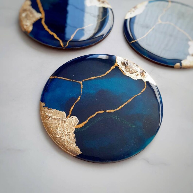 Art Resin Blue and Gold Coasters Set. Stunning Set of Blue Etsy UK