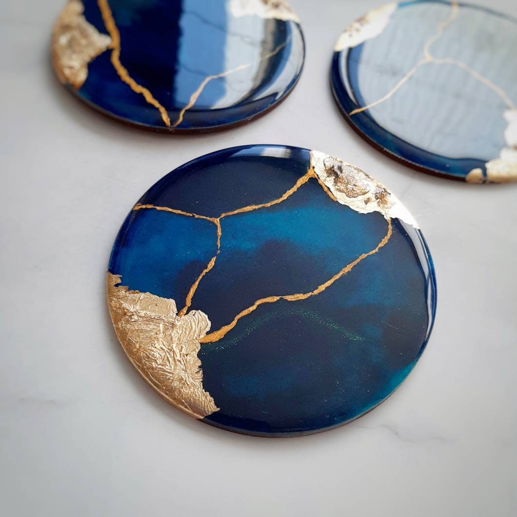 Art Resin Blue and Gold Coasters Set. Stunning Set of Blue Etsy
