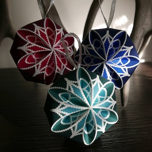 Set of 3 different colored easy DIY snowflake print 3D paper sphere ornaments, SVG & PDF printable paper ornament files for instant download