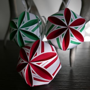 Set of 3 Easy DIY Candy Cane print 3D paper sphere ornaments, SVG & PDF printable paper ornaments for instant download