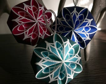 Set of 3 different colored easy DIY snowflake print 3D paper sphere ornaments, SVG & PDF printable paper ornament files for instant download