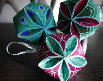 Set of 3 easy DIY Art Deco inspired 3D paper sphere ornaments, SVG & PDF printable paper ornament files for instant download