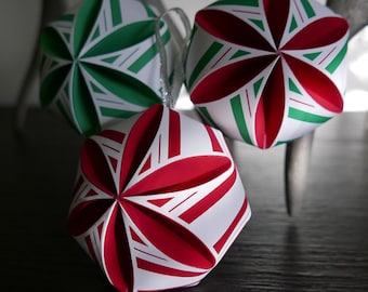 Set of 3 Easy DIY Candy Cane print 3D paper sphere ornaments, SVG & PDF printable paper ornaments for instant download
