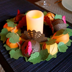 Turkeys hiding in a pumpkin patch table centerpiece DIY cut paper SVG for instant download